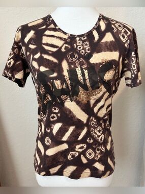 Escada Vintage Brown Abstract Geometric Print Short Sleeve Round Neck Top 38 / 6